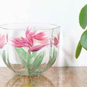 Vintage 80s Orrefors Sweden hand painted crystal glass bowl strelitzia flowers